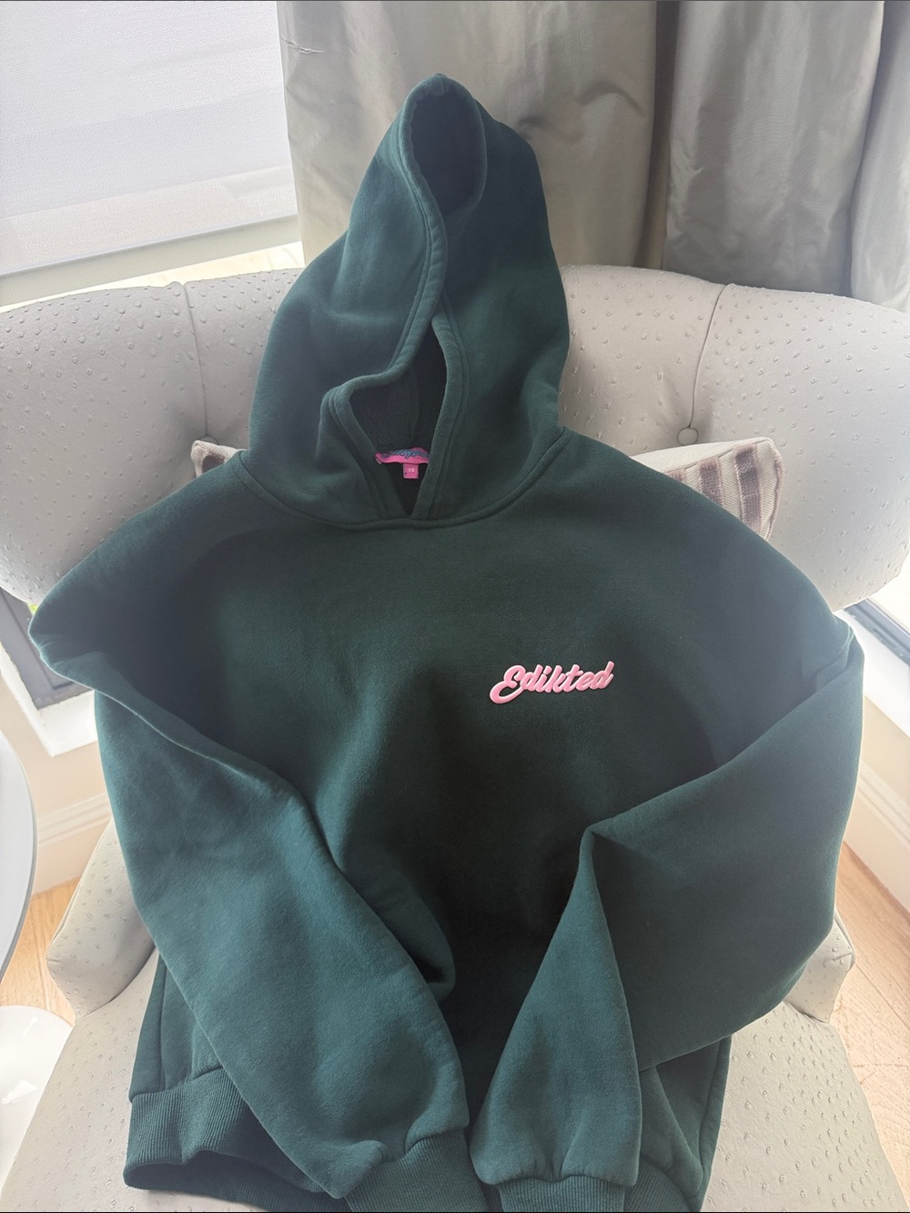 edikted Dark Green Hoodie with Pink Script Logo